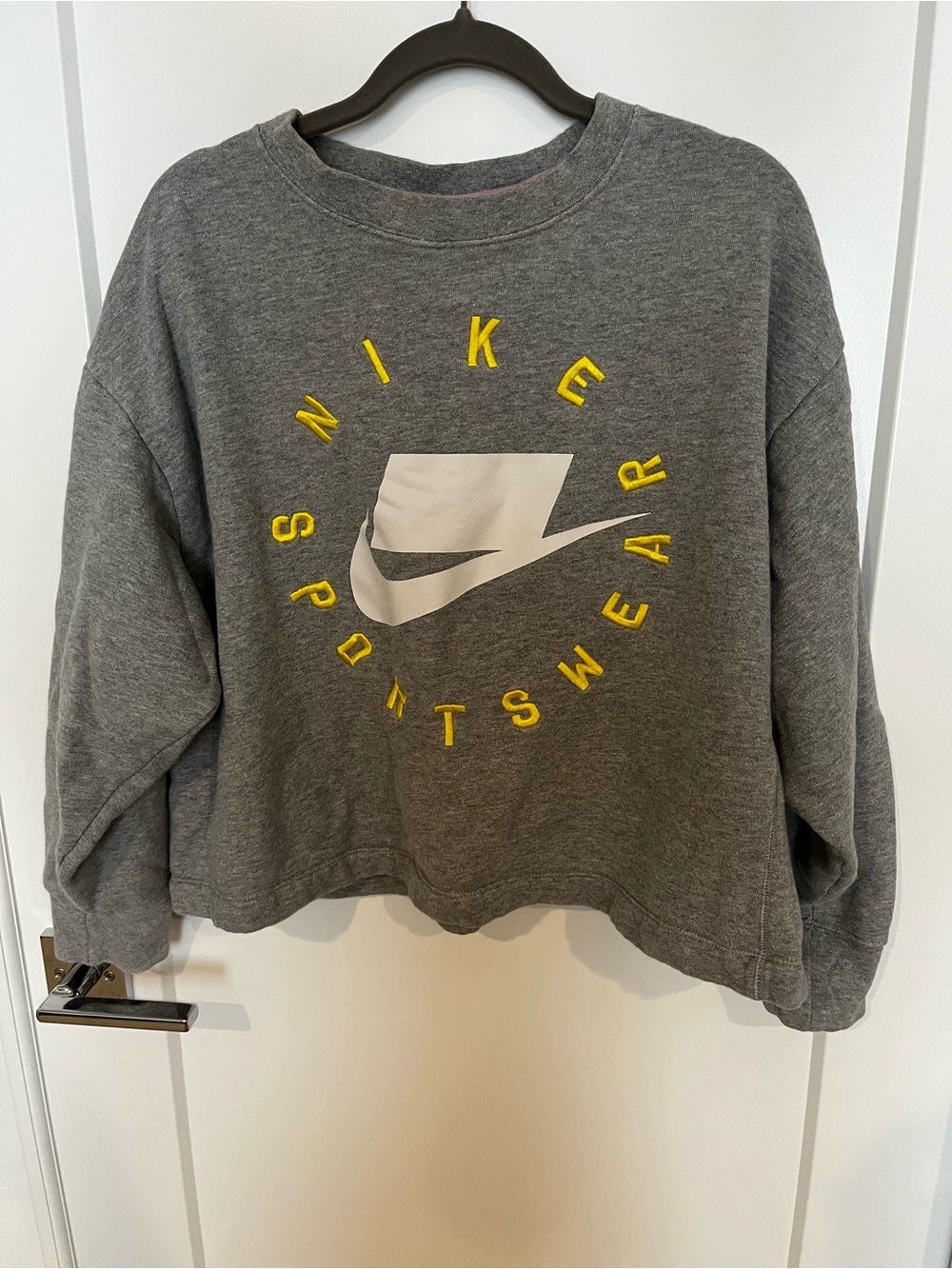 VINTAGE Gray Crewneck Sweatshirt with Yellow Lettering and White Swoosh